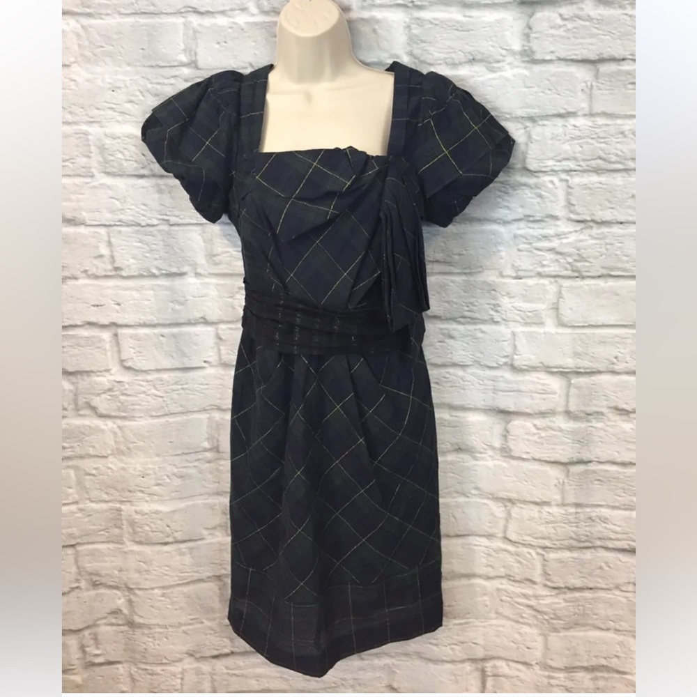 McGinn Size 2-4 Green Tartan Plaid Knightsbridge Puff Sleeve Draped Bodice Dress